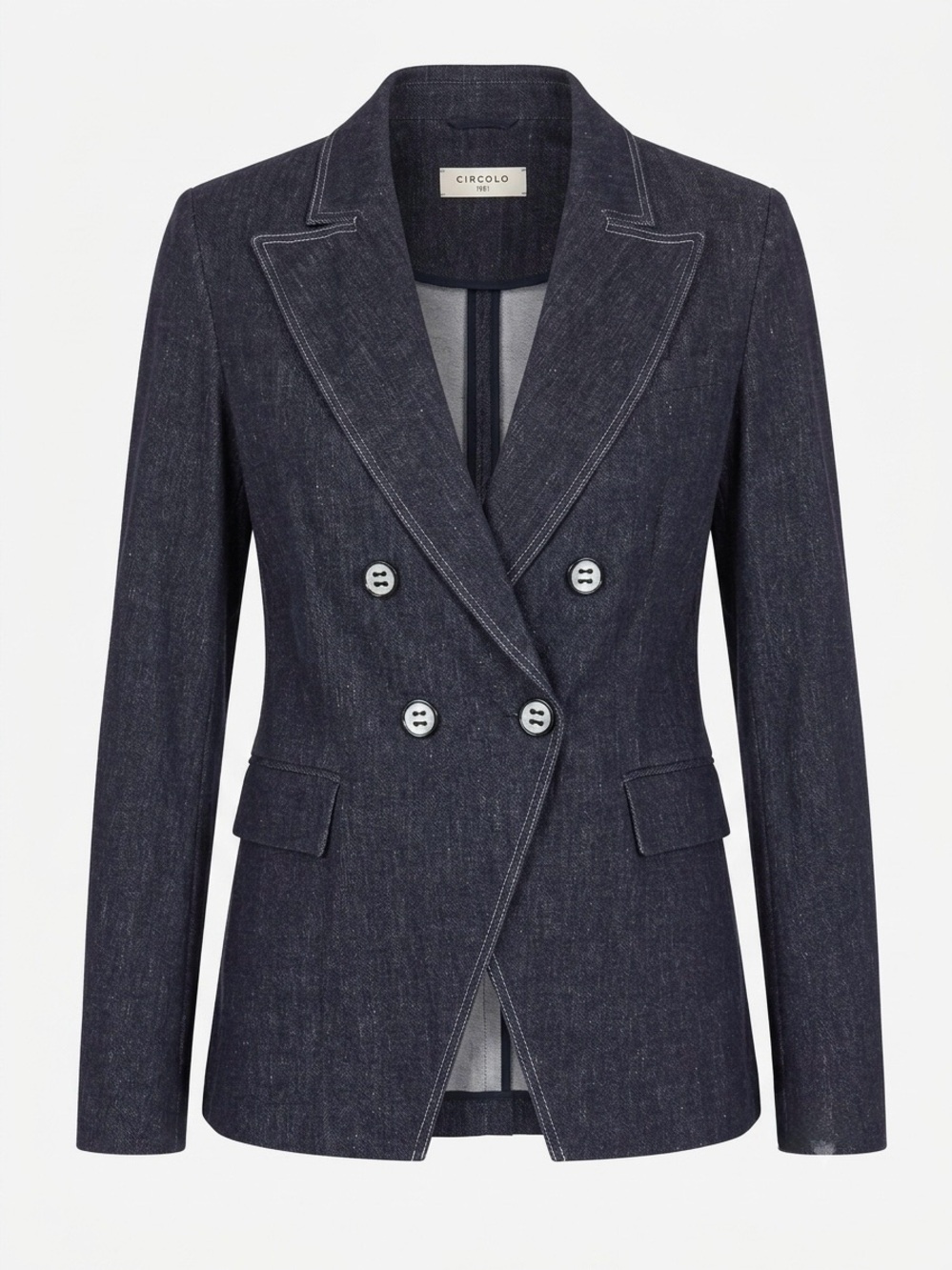 Circolo 1901 Navy Denim Wash Stretch Jersey Double Breasted Blazer Size Medium